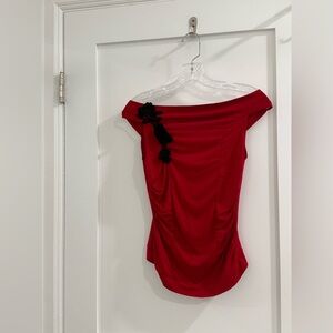 Heart Soul dark tomato red off the shoulder stretchy top w/ lace roses